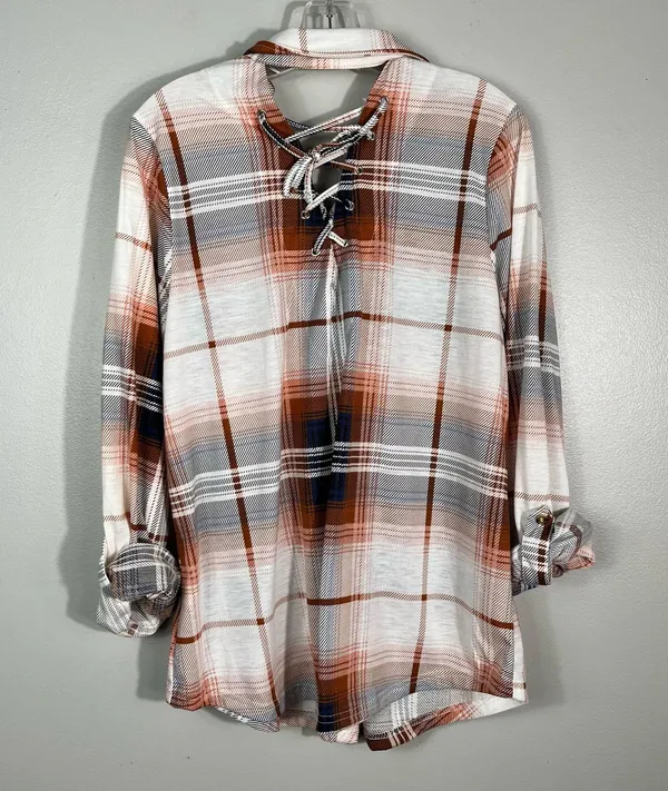 Modish Rebel Buckle White Orange Plaid Cutout Lace Up Back Button Down Western - Image 6