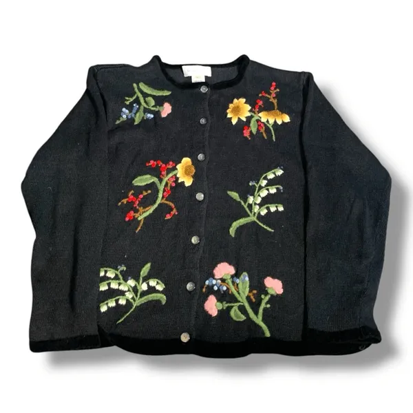 Susan Bristol Vintage Black Floral Embroidered Cotton Cardigan Dark Romance Knit Sweater - Image 11