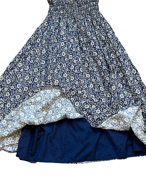 Blue Floral Babydoll Midi Dress Milkmaid Smocked Waist Cottage Boho Summer - Image 4