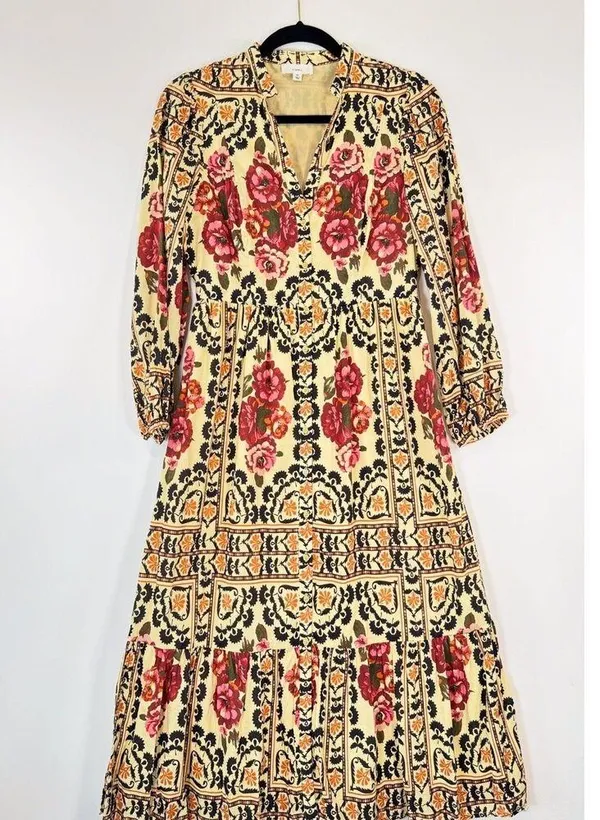 A Loves A Womens Dress Brown Vintage Floral Split V Neck Midi A Line Boho XS - Image 5