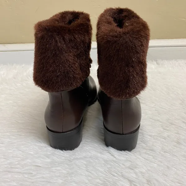 H By Halston Caroline Brown Leather Ankle Boot Faux Fur Size 7 - Image 5