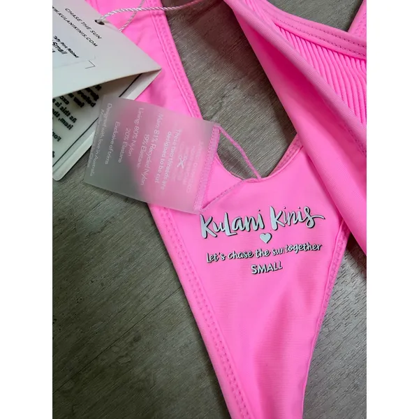 NEW Kulani Kinis Taffy Pink Ribbed Bikini Small Bind Tie Halter High Leg Thong - Image 6
