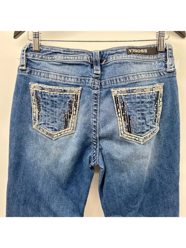 Vigoss Heritage Fit Distressed Sequin Embroidered Bootcut Jeans Size 6 - Image 3