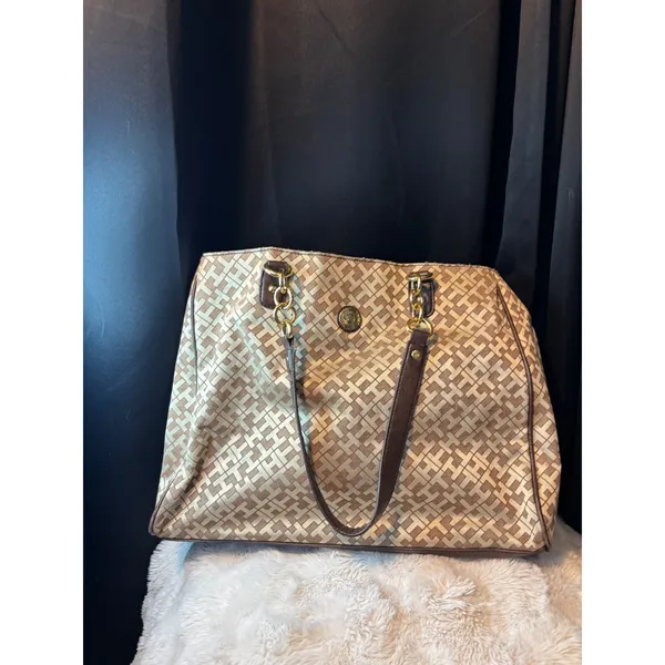 Tommy Hilfiger Monogram Tote Bag Brown Tan Gold Chain Hardware Large Handbag - Image 2