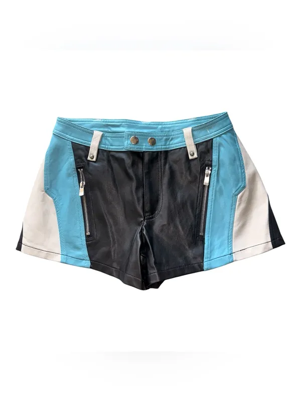 NWOT FREE PEOPLE Photo Finish Vegan Moto Shorts Black Teal Blue Zipper SZ-0 - Image 5