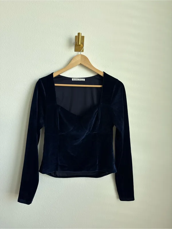 Abercrombie & Fitch Women's Blue Velvet Corset Top Long Sleeve Size Large - Image 4