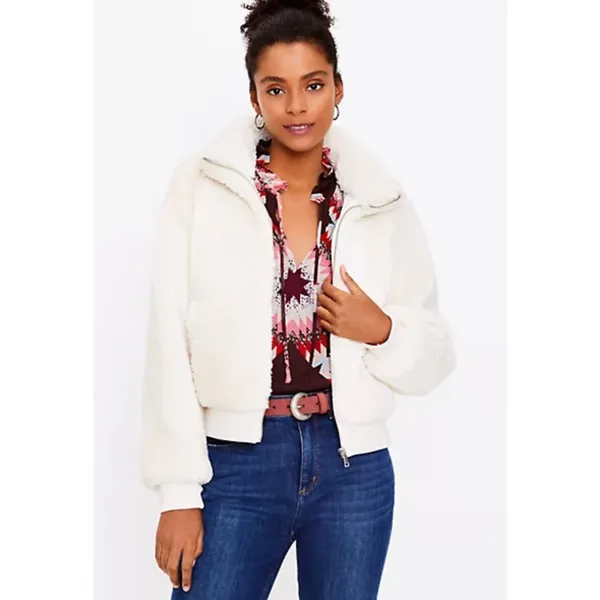 Ann Taylor LOFT Sherpa Teddy Fleece Bomber Jacket Medium Cozy Warm Fuzzy - Image 2