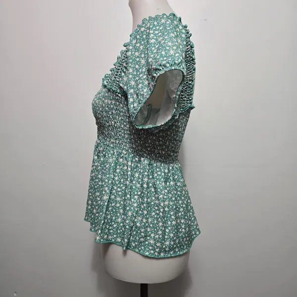Willow + Root Peplum Top M Green Floral Smocked Square Neck Puff Sleeve Fairy - Image 3