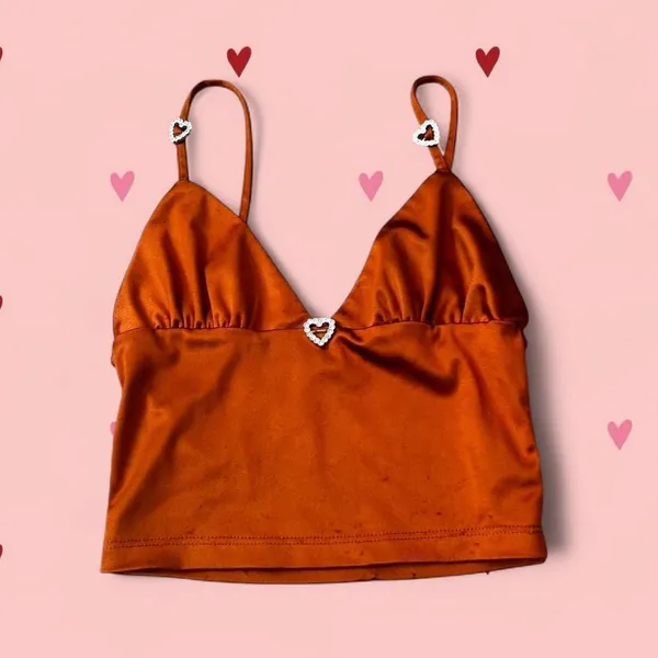 Brown satin crop top with silver heart embellishments - Image 2