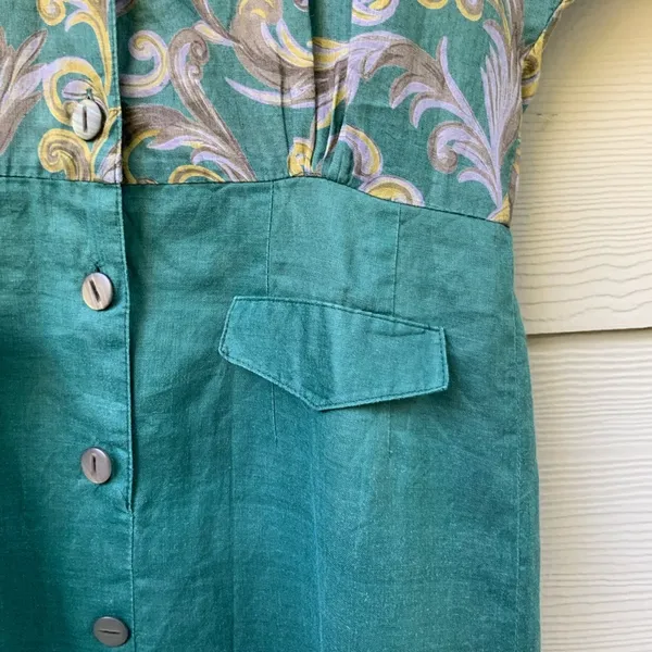 Vintage 80s Dress Linen Dress Green Pencil Skirt Floral‎ Short Sleeves Button-Up - Image 5