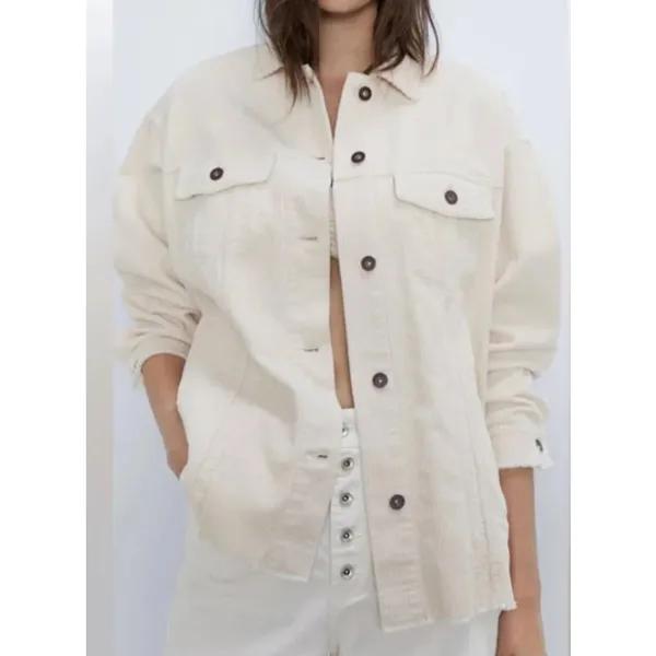 ZARA Corduroy Oversized Shacket Raw Hem Frayed Shirt Jacket Cotton Ivory XS - Image 8