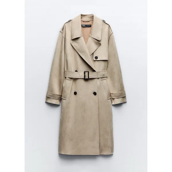ZARA Faux Suede Trench Coat Belted Jacket Solid Tan Brown Pockets Outdoors Large - Image 10
