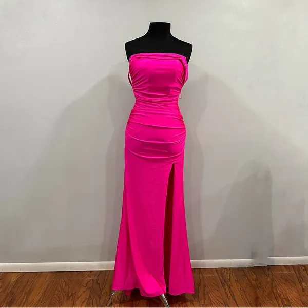 La Femme 28506 Off the Shoulder Ruched Gown Long Dress Hot Pink 4 - Image 3