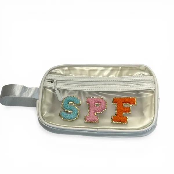 Clear SPF Makeup Bag Travel Cosmetic Pouch Chenille Patch Toiletry Organizer NWT - Image 9