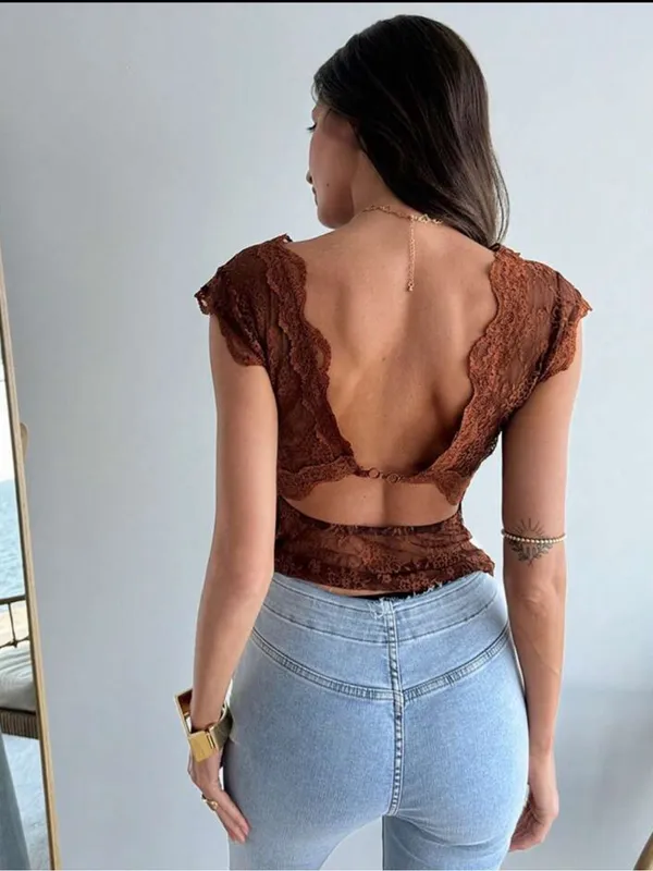 Shein Brown Lace V-Neck Sheer Tank Top - Image 4