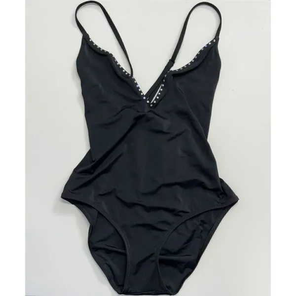 AQUA Swimwear One Piece Swimsuit Black Extra Small Rhinestone Trim‎ Detail NEW - Image 2