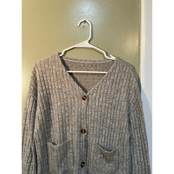 Women's Sz Medium Button Front Cardigan Heather Gray Oatmeal Ribbed Soft Pockets - Image 3