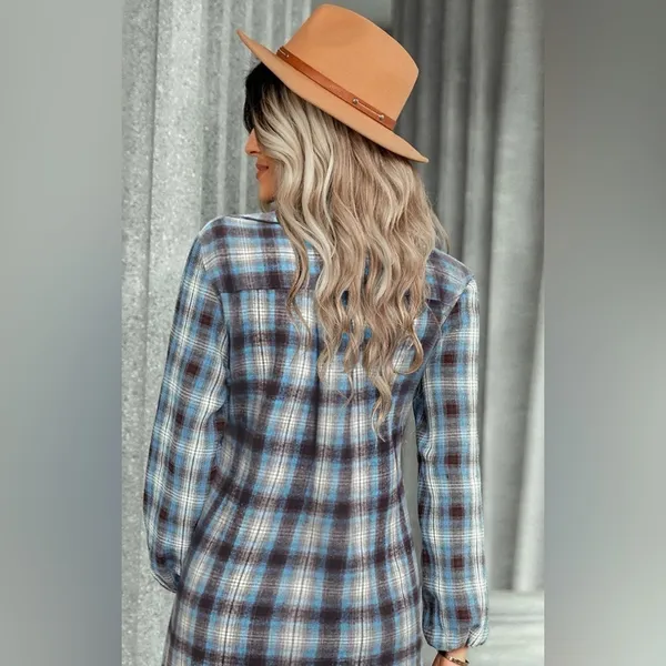 Blue Plaid Flannel Button Front Shirt Dress with Sash Front Tie Casual Western - Image 6