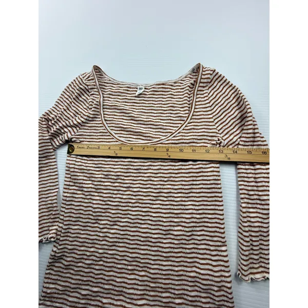 BP. Womens Striped Ribbed Knit‎ Scoop Neck Long Sleeve Top Brown White Size S - Image 4