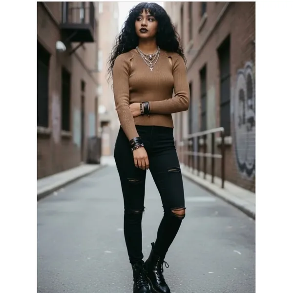 The Fifth Label Women's Ribbed Knit Cut Out Sweater Size XS Tan Model‎ Off Duty - Image 7