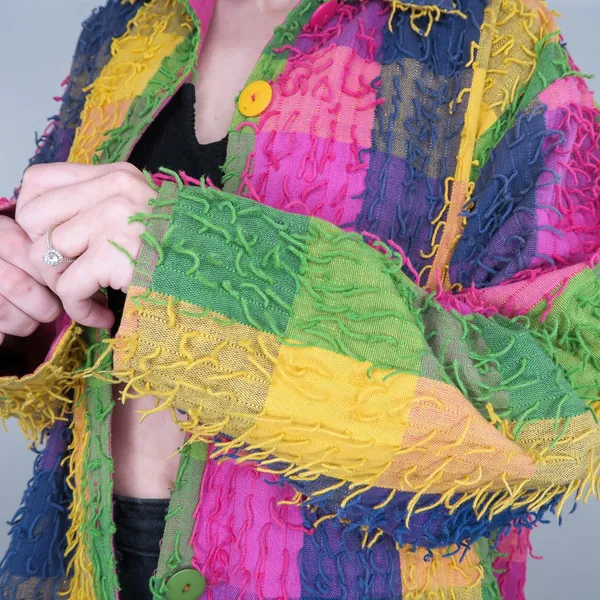 Vintage Keren Hart Colorblock Stringy Fringe Shaggy Rag Jacket - Image 4