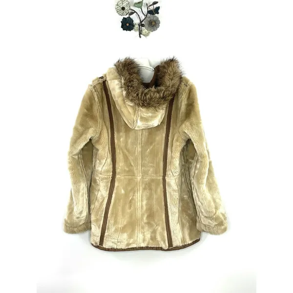 Gallery Women’s Jacket Faux Suede Leather Faux Fur Beige Size Large Hooded - Image 8