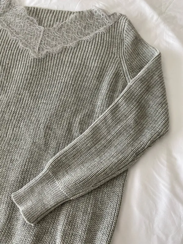 SheIn Grey Ribbed Sweater With Lace Neckline Detail - Image 3
