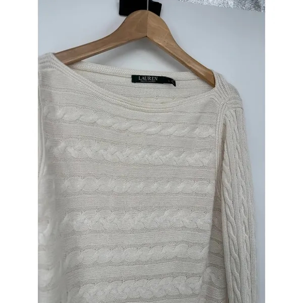 Lauren Ralph Lauren‎ Womens Large Ivory Cable Knit Sweater Minimalist Fisherman - Image 3