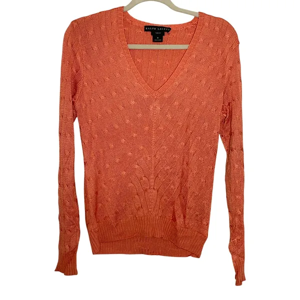 Ralph Lauren Black Label Silk V-Neck Knit Sweater Salmon Coral Medium - Image 2
