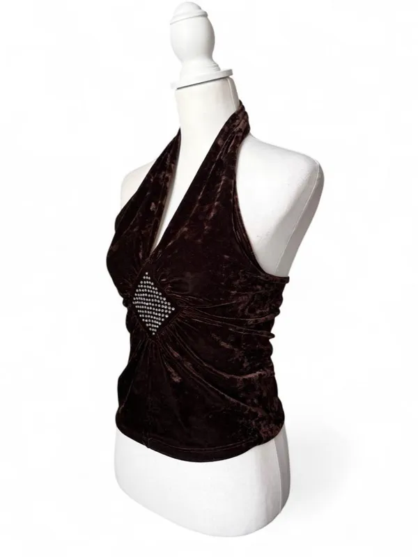 Poetry Y2K Brown Velvet Halter Top - Image 3