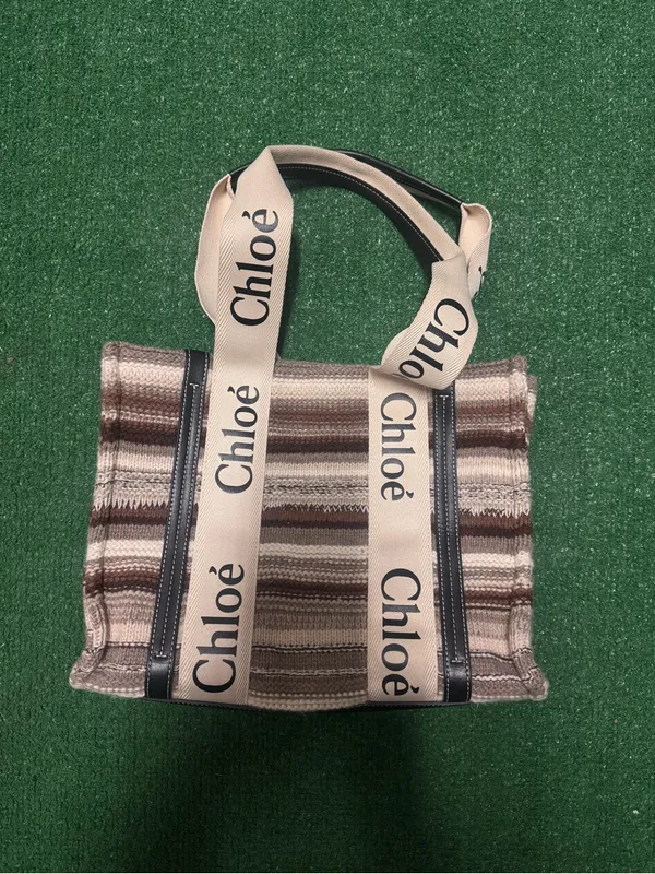 Chloé Beige and Brown Striped Canvas Tote with Logo Straps - Image 3