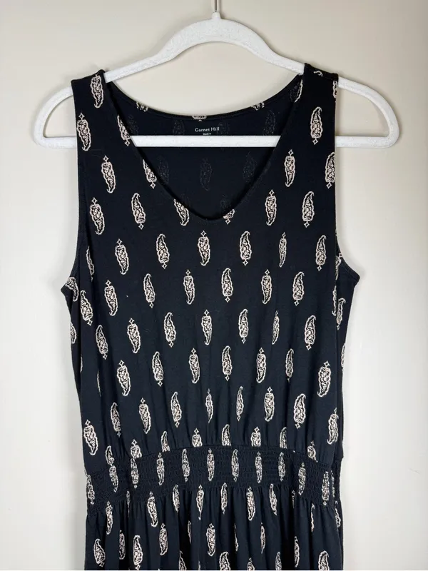 Garnet Hill Black Print Smocked Waist Maxi Dress M - Image 5