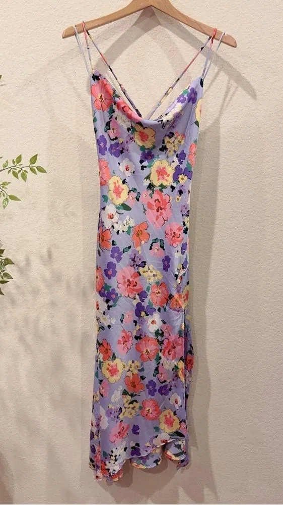 ASTR Gaia Draped Collar Satin Midi Dress in Periwinkle Floral Size Small NWT - Image 4