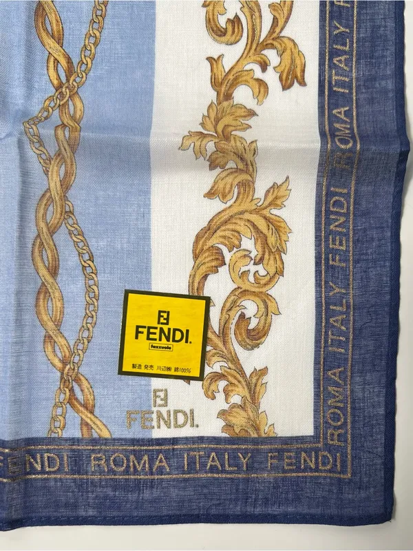 FENDI Logo Vintage Baroque Chain Print Cotton Scarf Handkerchief Bandanna - Image 5