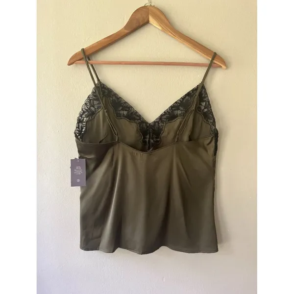 Auden Sz S Lace Trim Satin Pajama Tank Top Olive Green Pullover Cami - Image 3