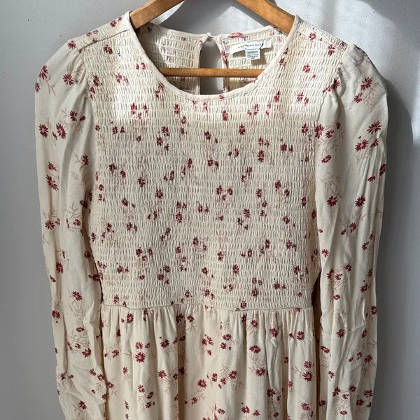 American Eagle Ivory Long Sleeve Smocked Floral Babydoll Dress - Image 3