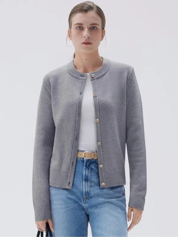 Women’s S Gray Cashmere Blend Cardigan Sweater Gold Knot Buttons Quiet Luxury - Image 2