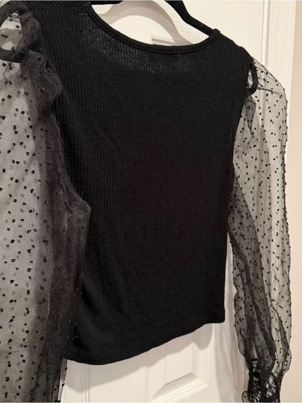 Altar'd State Black Sheer Swiss Dot Puff Sleeve Top Size Large - Image 4