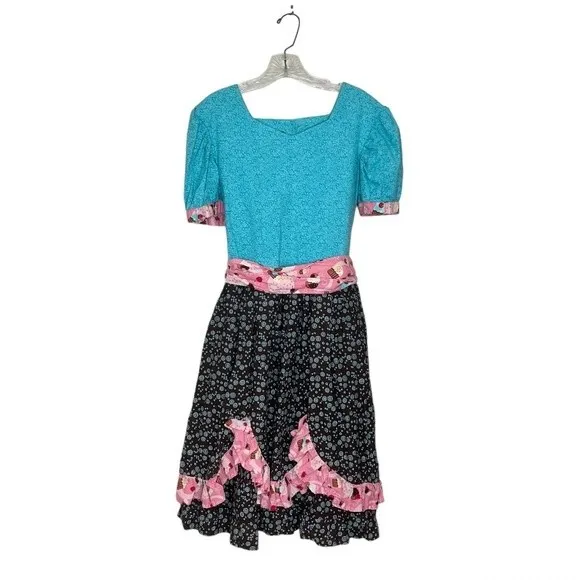 FIRE WIFE FASHIONS Cotton Dress Full Skirt Mixed Print Cupcakes Button Back - Image 3