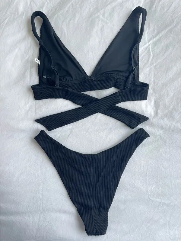 Aerie Black Ribbed Triangle Bikini Cheeky Bottom Set - Image 2