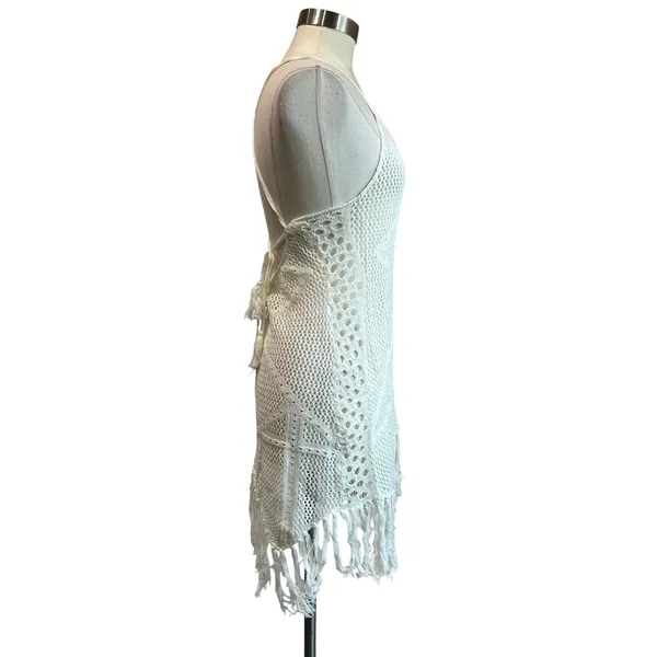 Endless Blu White Crochet Fringe Cover Up Boho Festival Beach‎ Dress Size M - Image 3