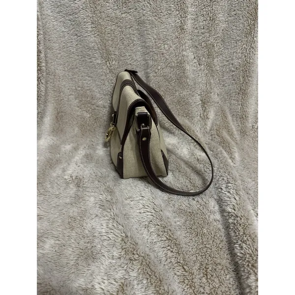 Etienne Aigner Purse~ Beige Linen Blend~Burgundy Trim~Snap Close Gold Hardware - Image 3