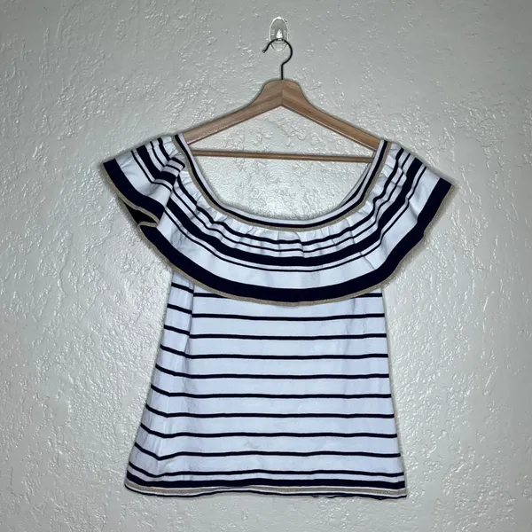 Lilly Pulitzer Perelle‎ Off Shoulder Stripe Ruffle Sweater Top Navy Gold Large - Image 3