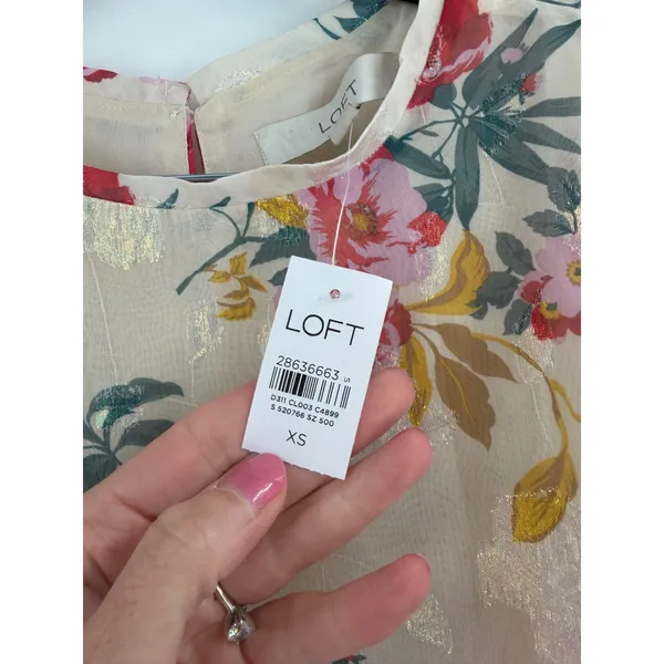 LOFT Floral Blouse Women XS Cream Gold Metallic Shimmer Puff Sleeve Cottagecore - Image 5