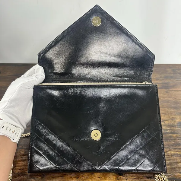 Yves Saint Laurent Vintage Clutch Bag Small Envelope Black Chevron Leather - Image 9