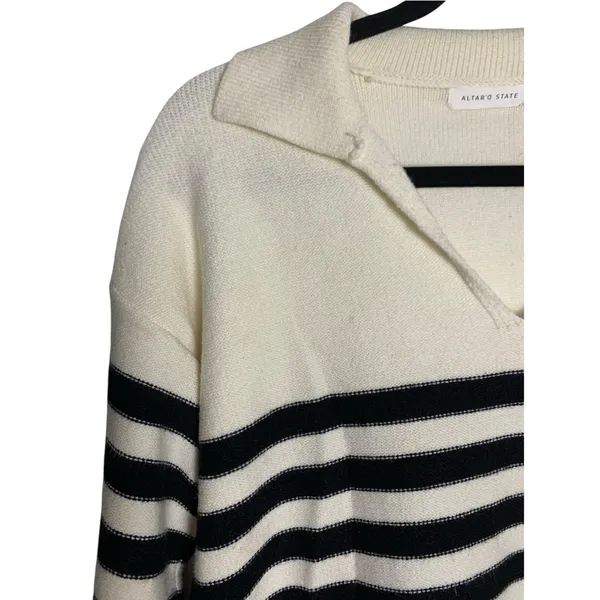 Altar’d State Sweater Womens XS Ivory Black Stripe Collared Coastal Preppy Knit - Image 6