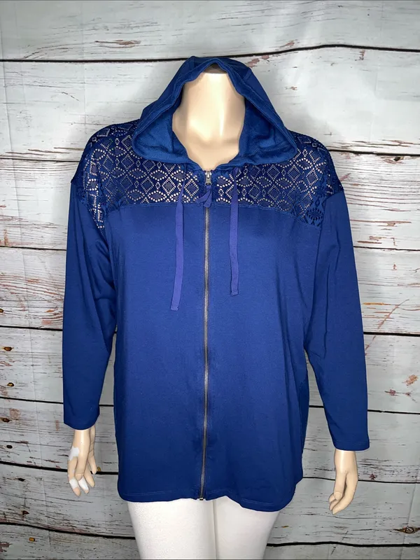 LOGO Lounge Lori Goldstein 2X Blue - Eyelet Lace Zip Front Knit Jacket w/ Hood - Image 3