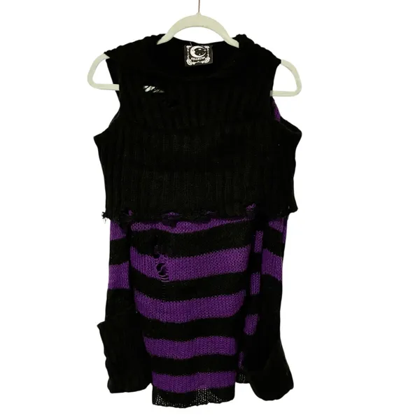 Killstar Gothic Goth Punk‎ Pullover Knit Sweater Salvia Striped Purple Size XS - Image 2