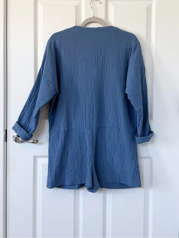 Zara Tie Front Cotton Gauze Coastal Blue Textured Romper - Image 6