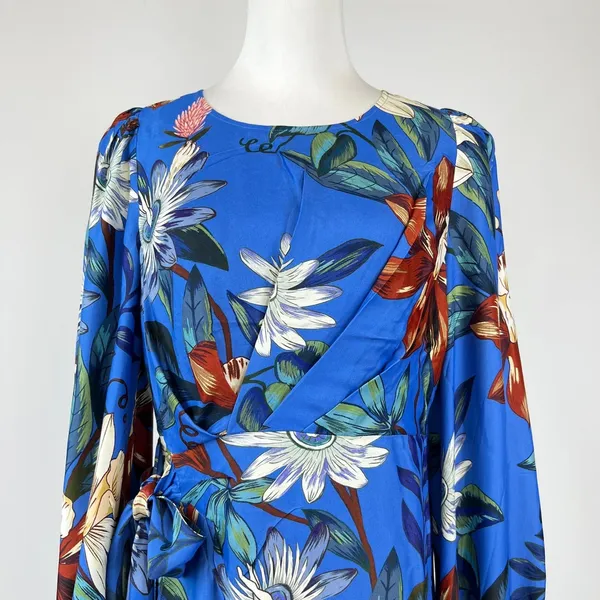 NWOT Farm Rio Blue Surreal Flowers Wrap Long Sleeve Mini Dress Size L - Image 3